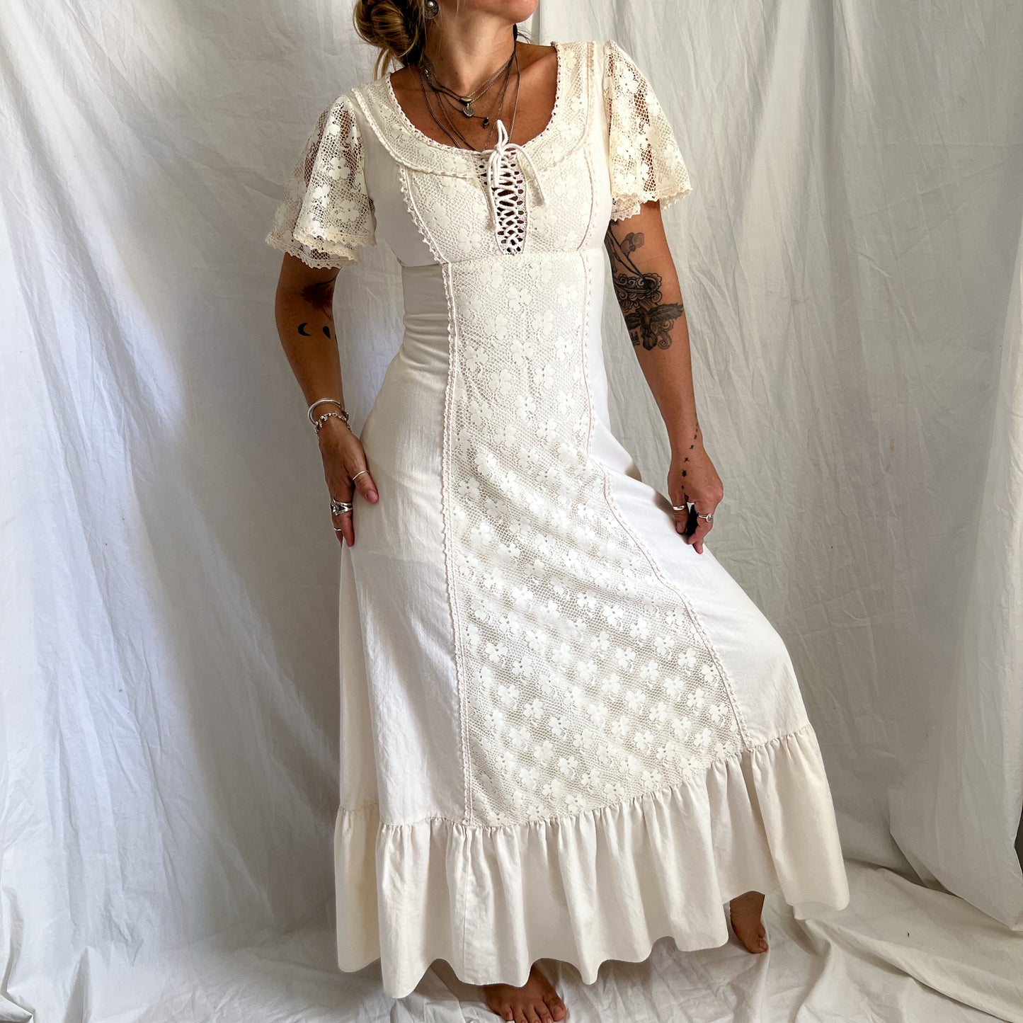 1960s/70s handmade vintage maxi prairie dress in ecru with lace