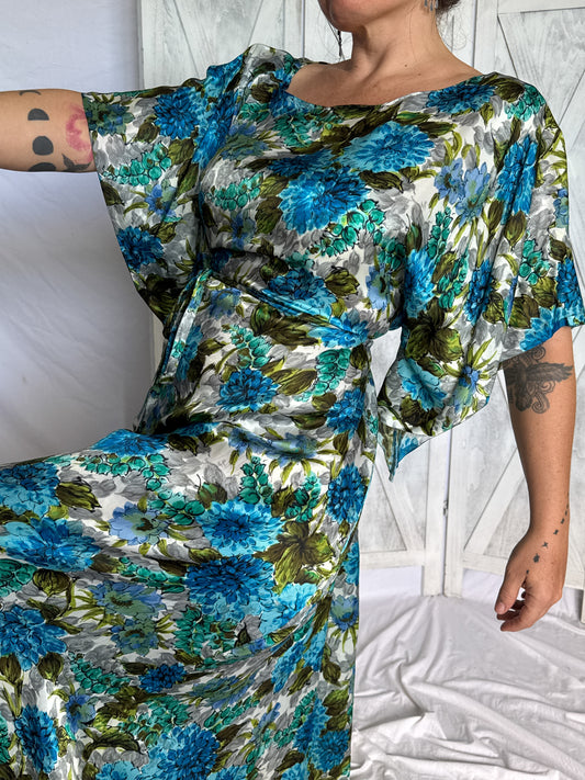 1960s floral print fabric detail turquoise chartreuse grey