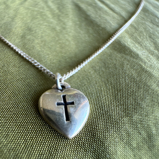 Vintage Sterling Heart Cross Choker Chain Necklace