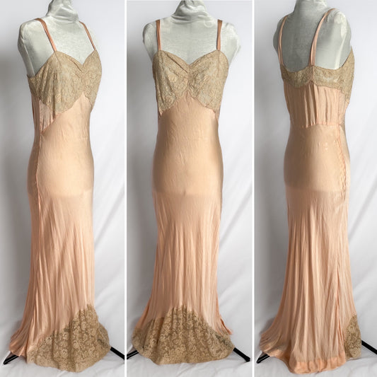 1930s/40s vintage 100% silk maxi slip dress in pink peach