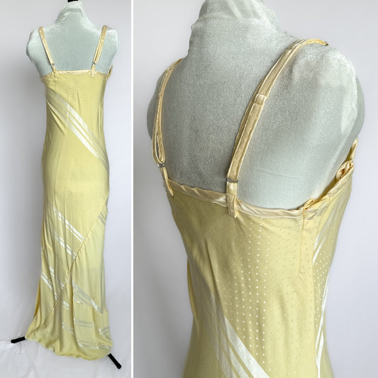 Vintage maxi slip dress in glossy yellow cream striped and dotted
