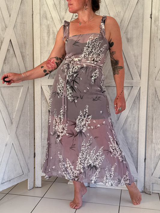 100% silk chiffon floral maxi slip dress & belt in lavender purple