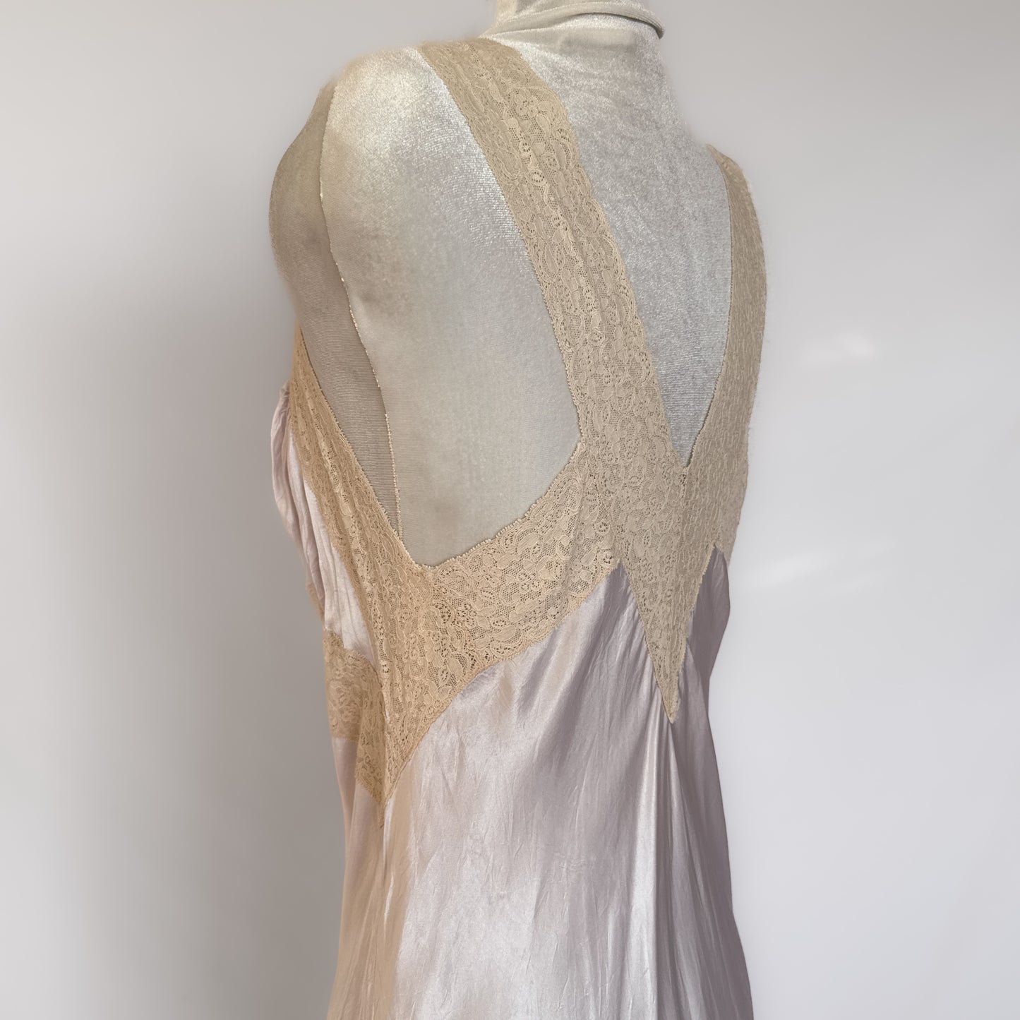 1940s vintage satin & lace maxi slip dress in icey lavender purple