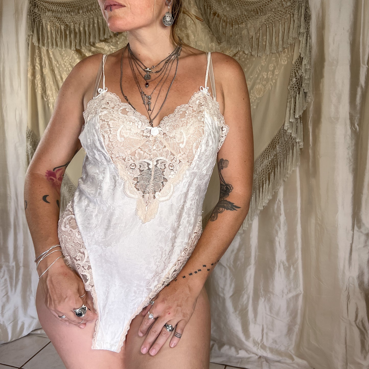 1980s Vintage 100% silk wacoal bodysuit in alabaster with blush pink lace