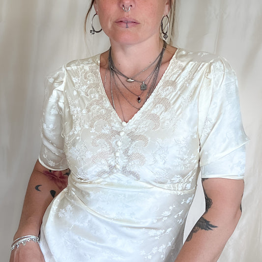 1930s vintage 100% silk jacquard slip dress with floral embroidery in cream