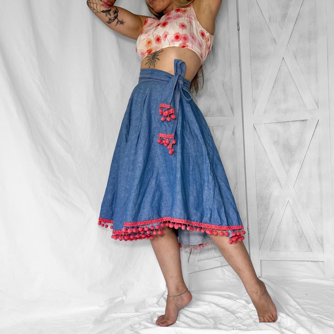 1960s Vintage hippie denim round skirt with ball fringe