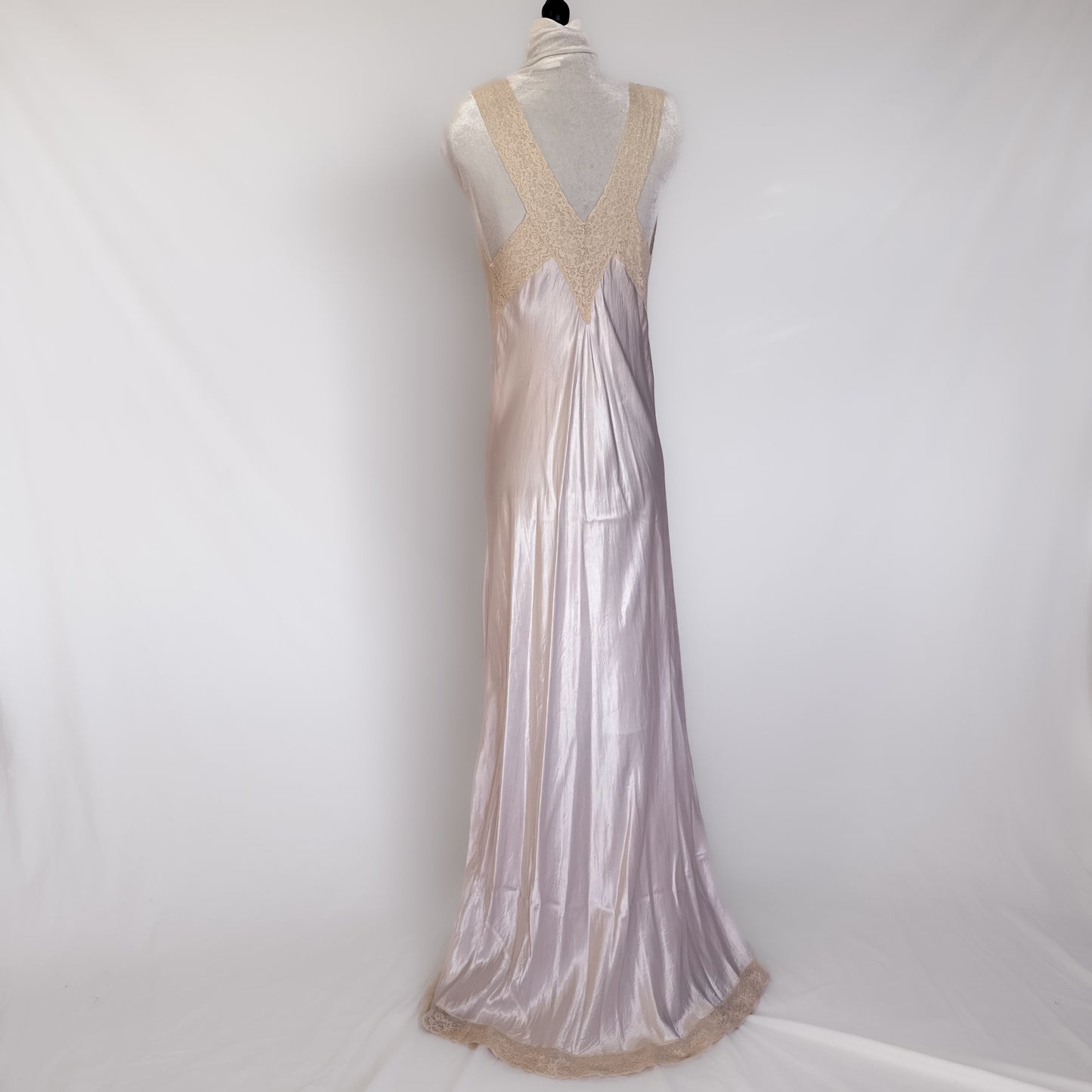 1940s vintage satin & lace maxi slip dress in icey lavender purple