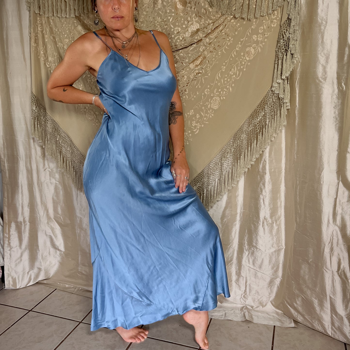 00s Y2K Vintage 100% silk maxi slip dress in cornflower