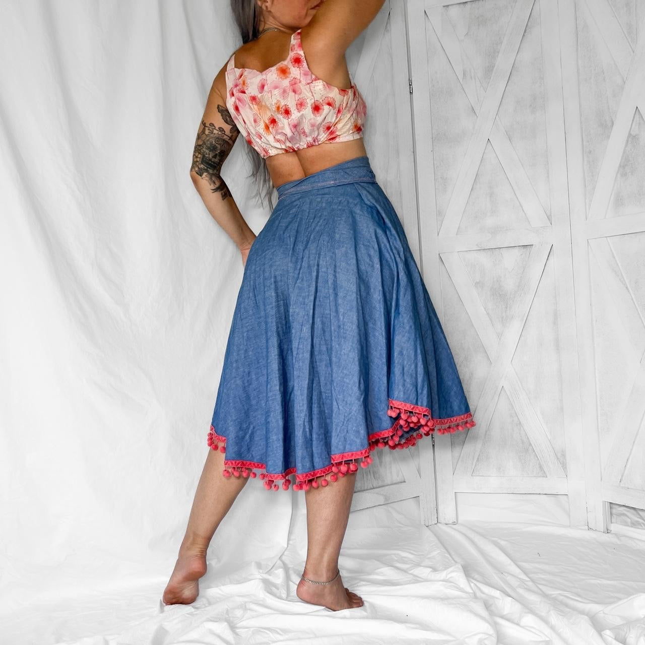 1960s Vintage hippie denim round skirt with ball fringe