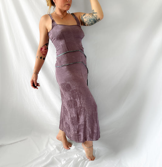 Vintage rustic floral jacquard maxi slip dress in deep lavender mauve