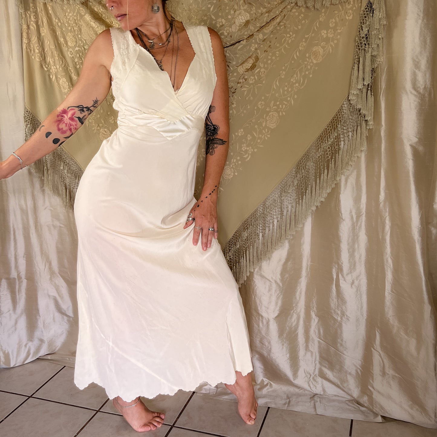 SOLD1930s Vintage silk maxi slip dress in butter cream yellow