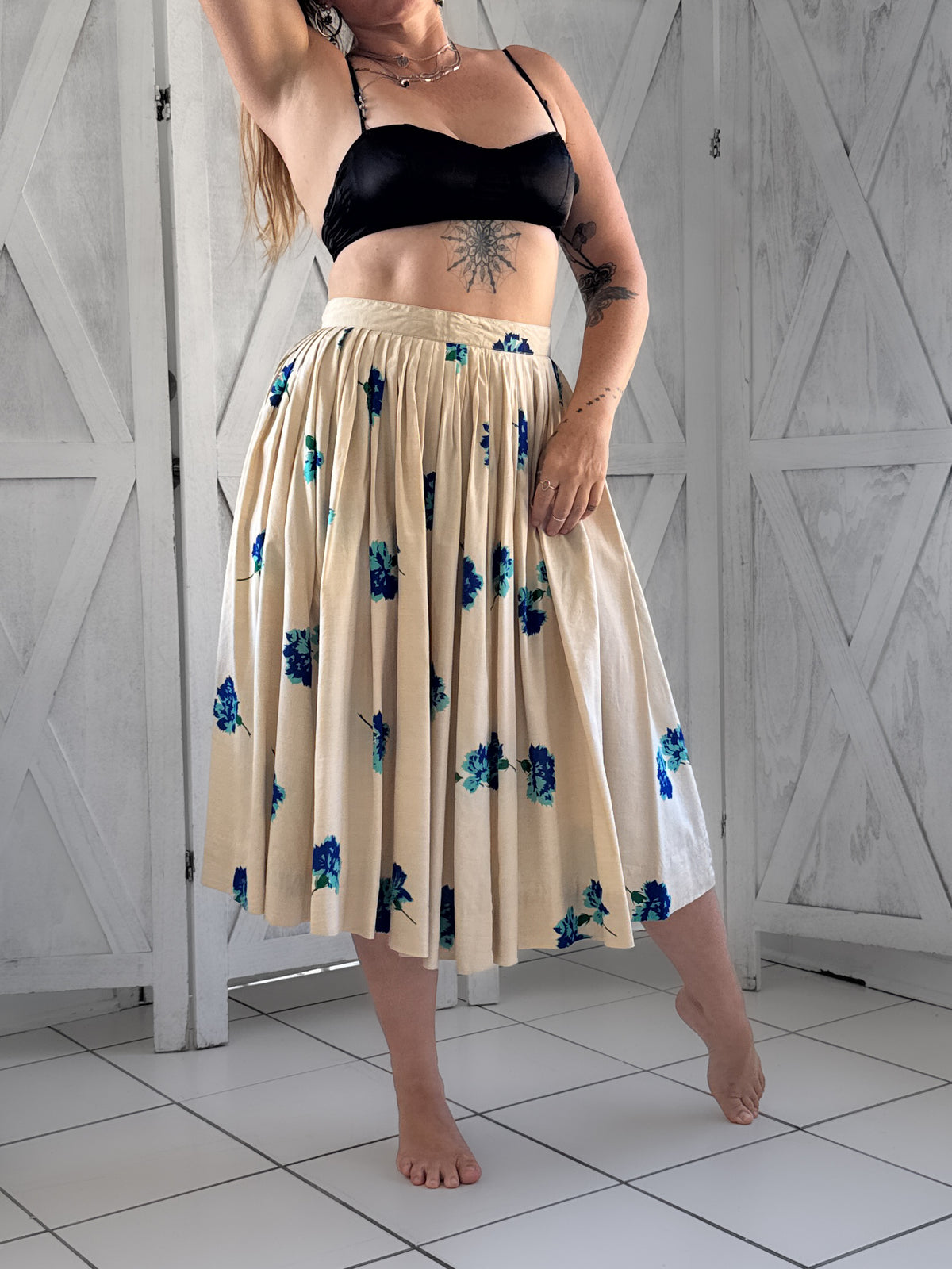 Vintage 1950s silk floral midi skirt in oat with cobalt and sky blues