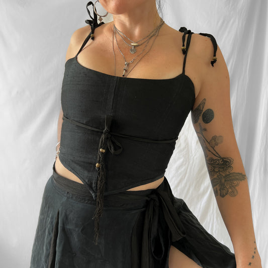 SOLDHand made 100% silk corset cropped top in matte jet