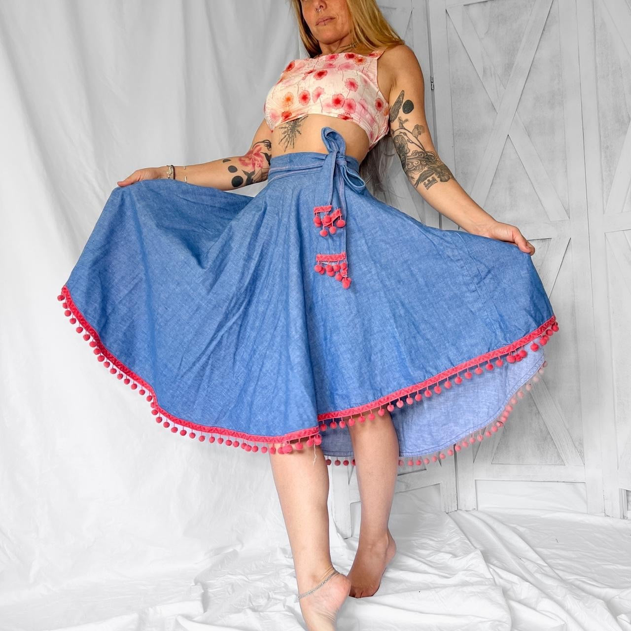 1960s Vintage hippie denim round skirt with ball fringe