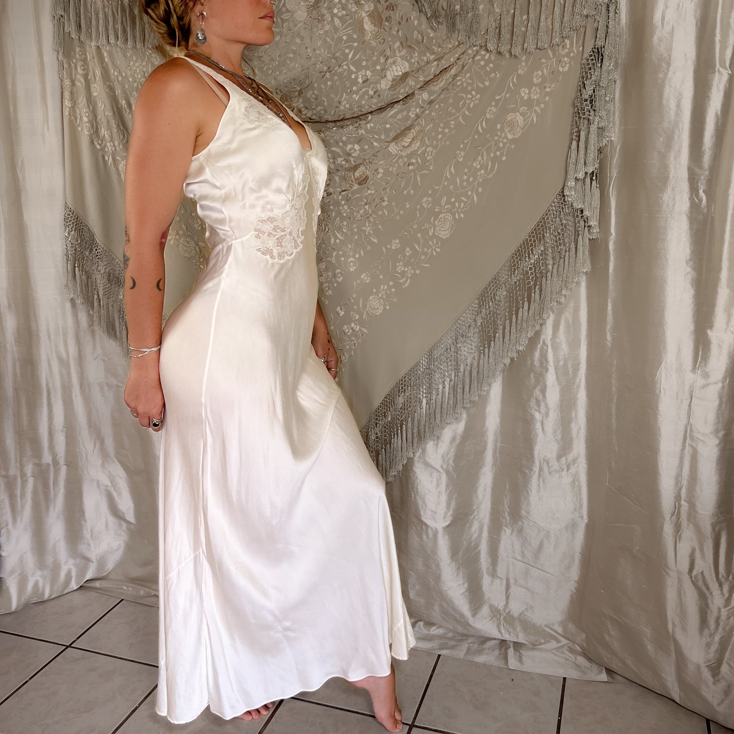 1930s Vintage silk maxi slip dress in egg shell white