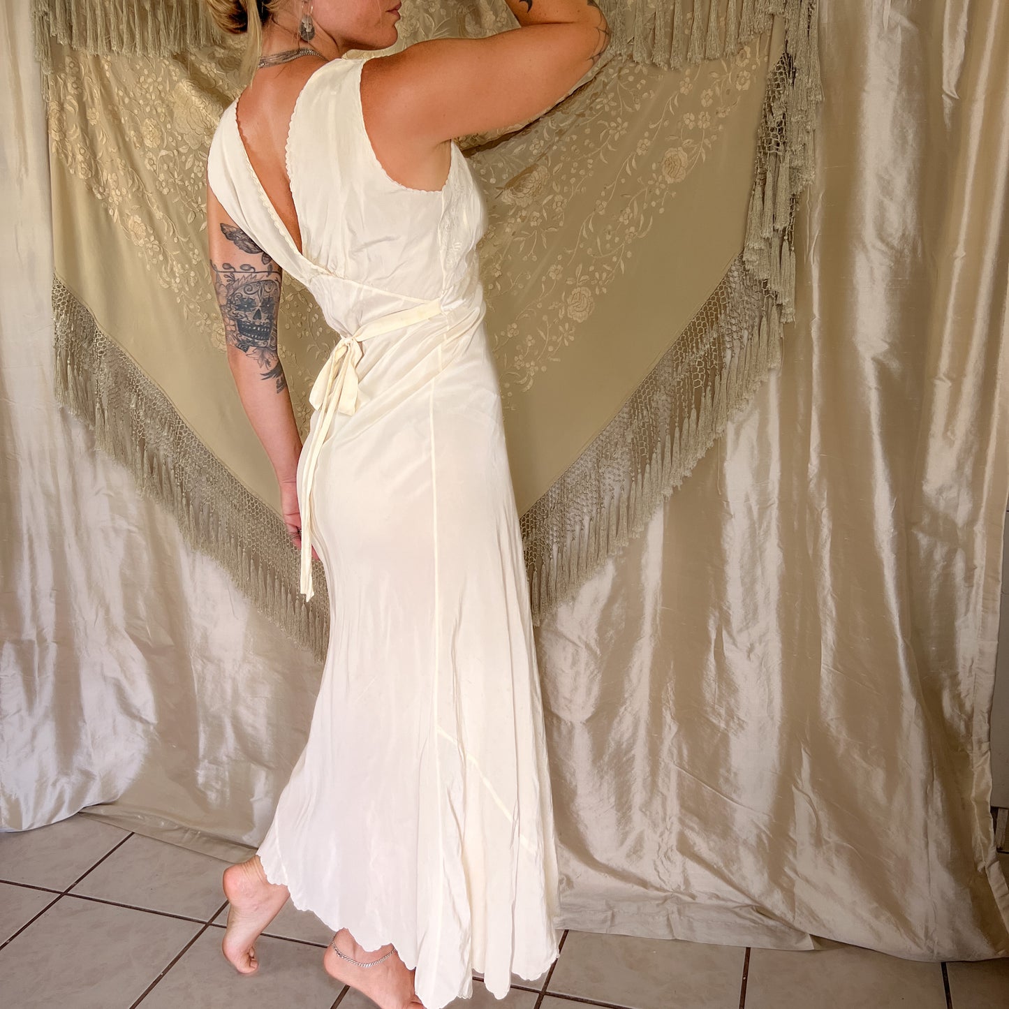 SOLD1930s Vintage silk maxi slip dress in butter cream yellow
