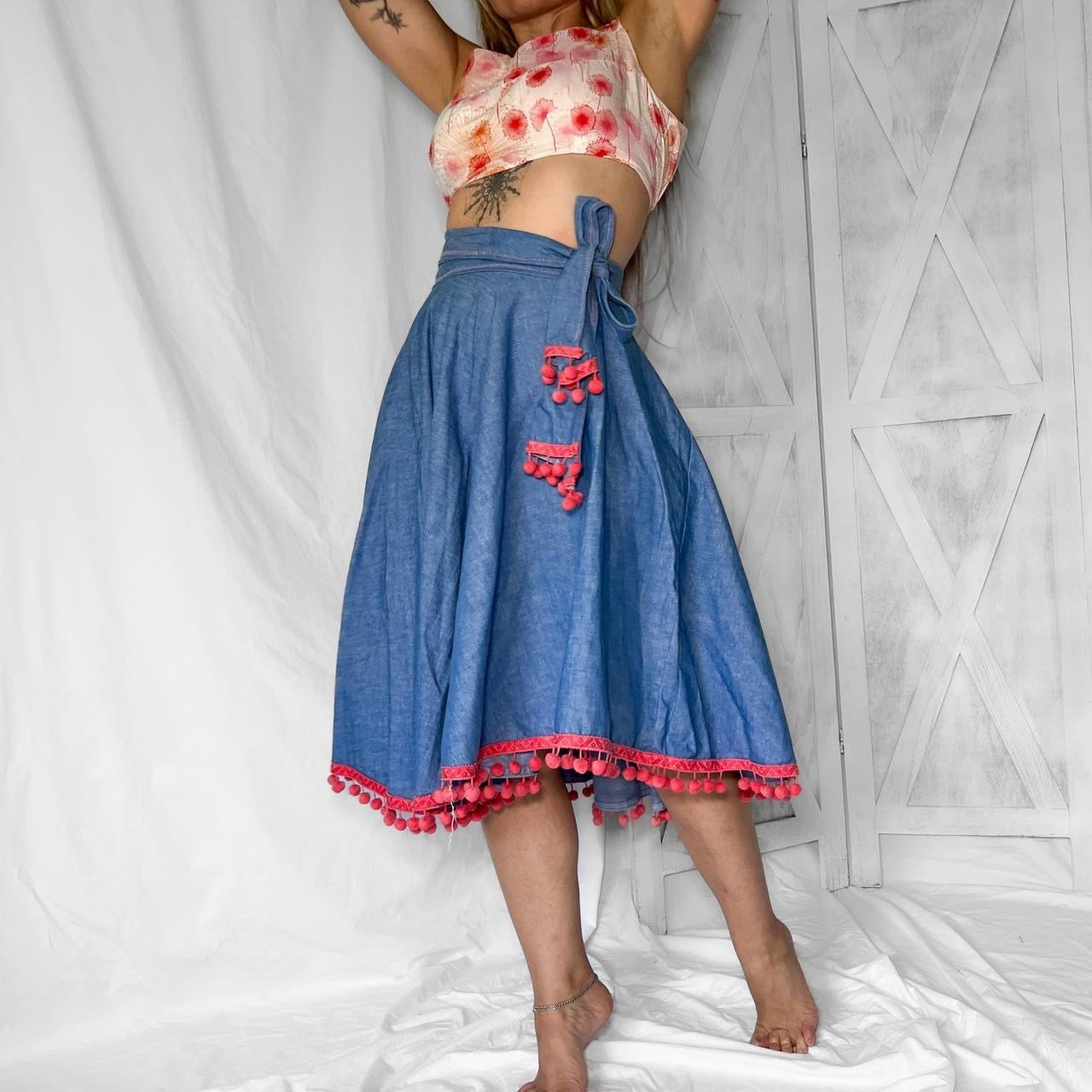 1960s Vintage hippie denim round skirt with ball fringe