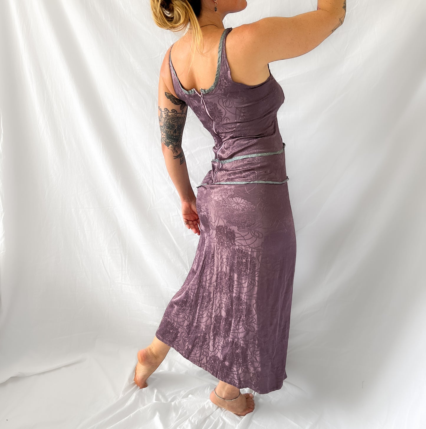 Vintage rustic floral jacquard maxi slip dress in deep lavender mauve