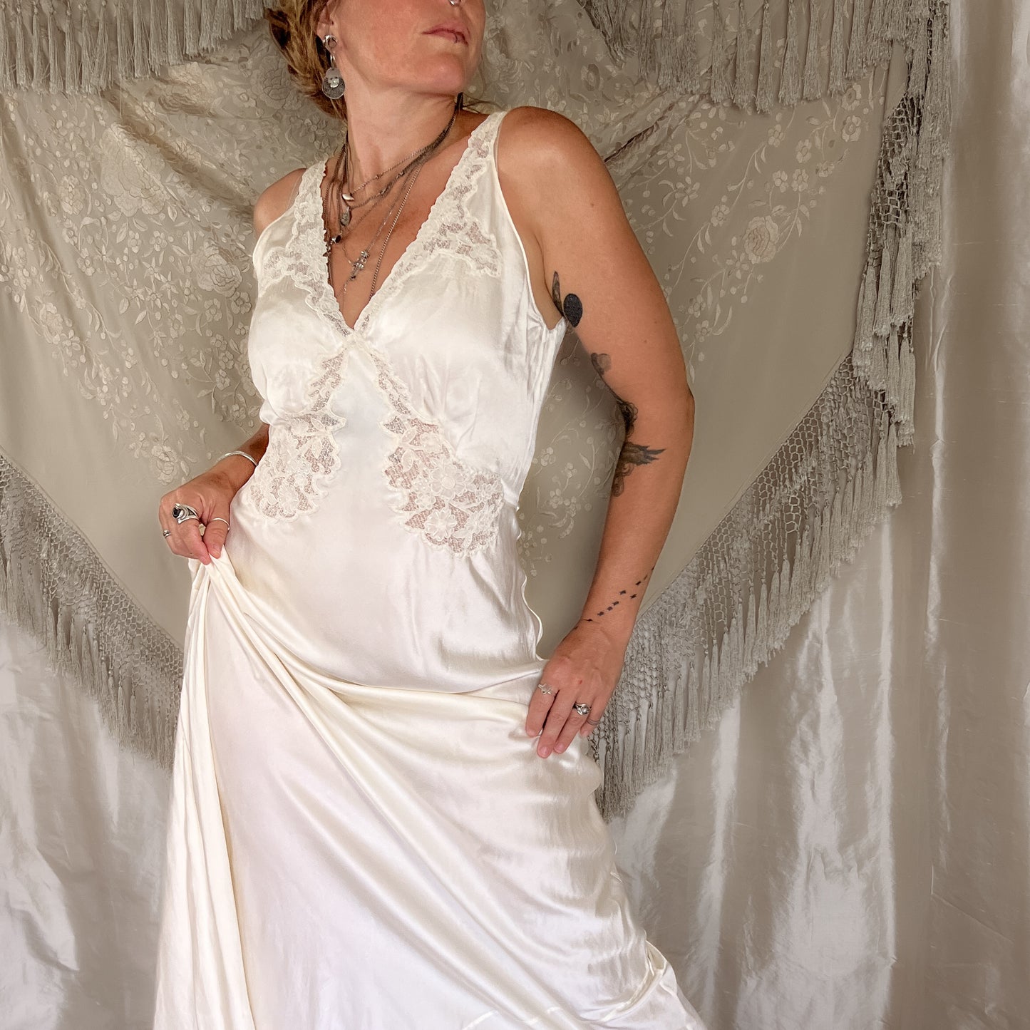 1930s Vintage silk maxi slip dress in egg shell white