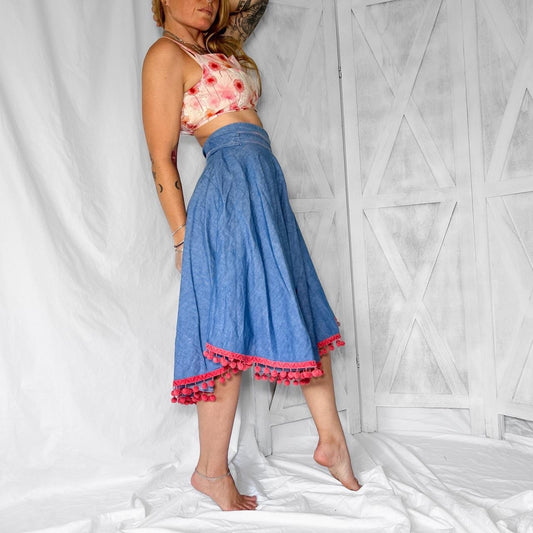 1960s Vintage hippie denim round skirt with ball fringe