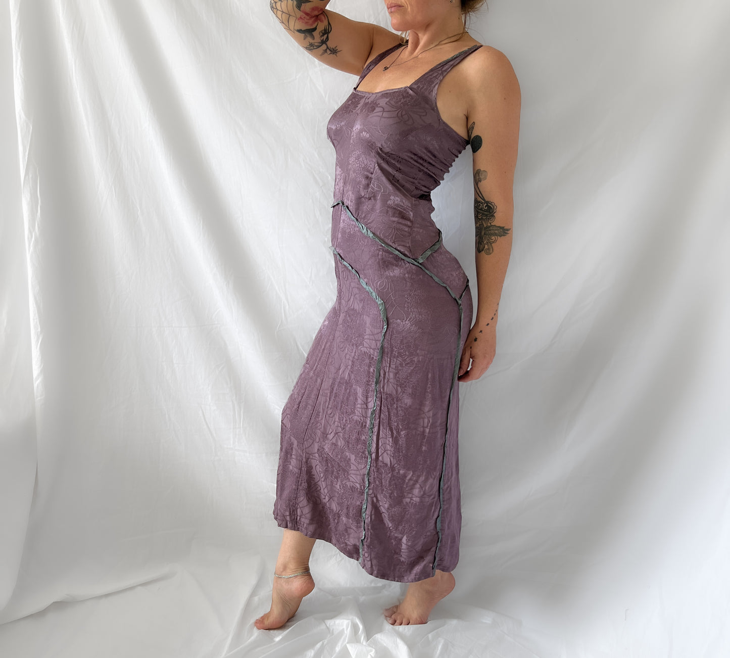 Vintage rustic floral jacquard maxi slip dress in deep lavender mauve