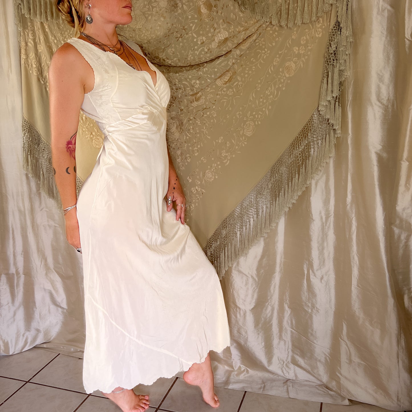 SOLD1930s Vintage silk maxi slip dress in butter cream yellow
