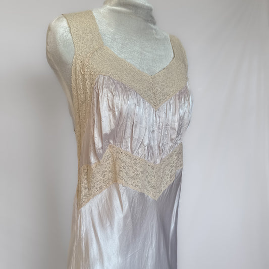 1940s vintage satin & lace maxi slip dress in icey lavender purple