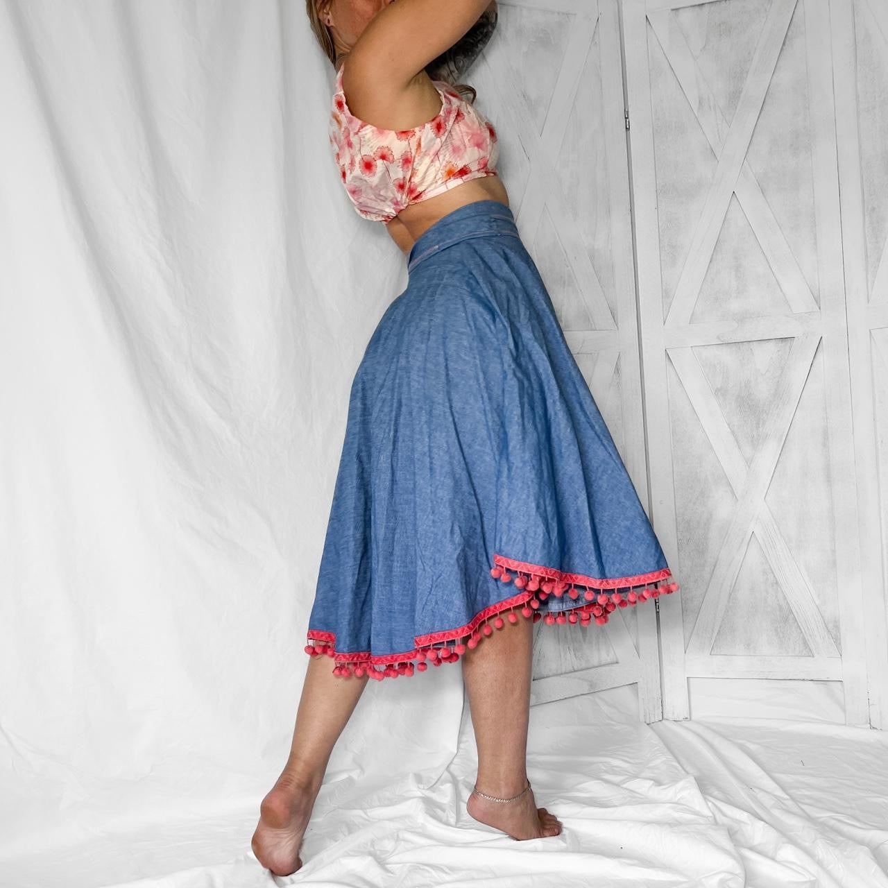 1960s Vintage hippie denim round skirt with ball fringe