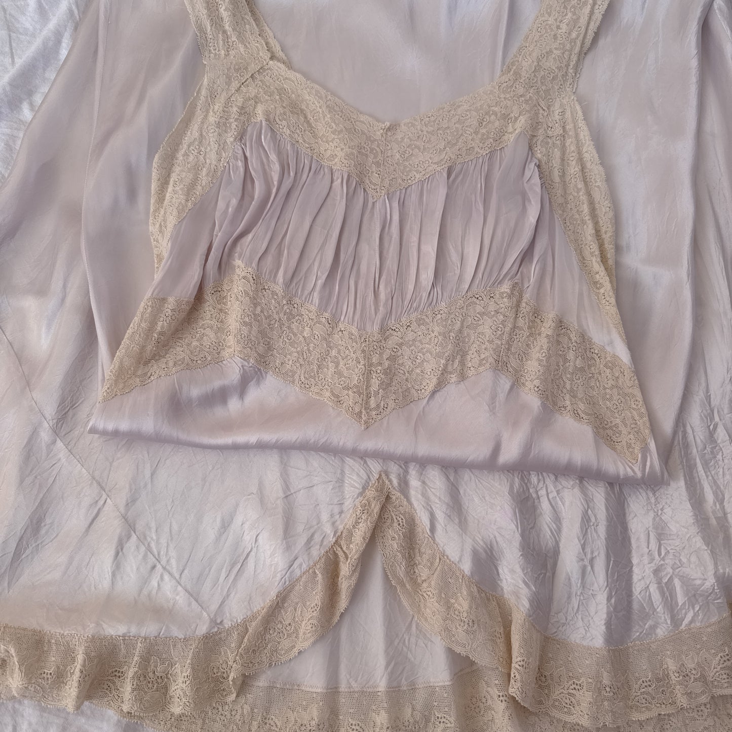 1940s vintage satin & lace maxi slip dress in icey lavender purple