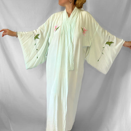 Vintage 1970s embroidered satin kimono in seafoam