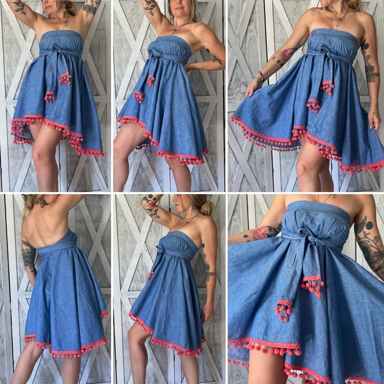 1960s Vintage hippie denim round skirt with ball fringe