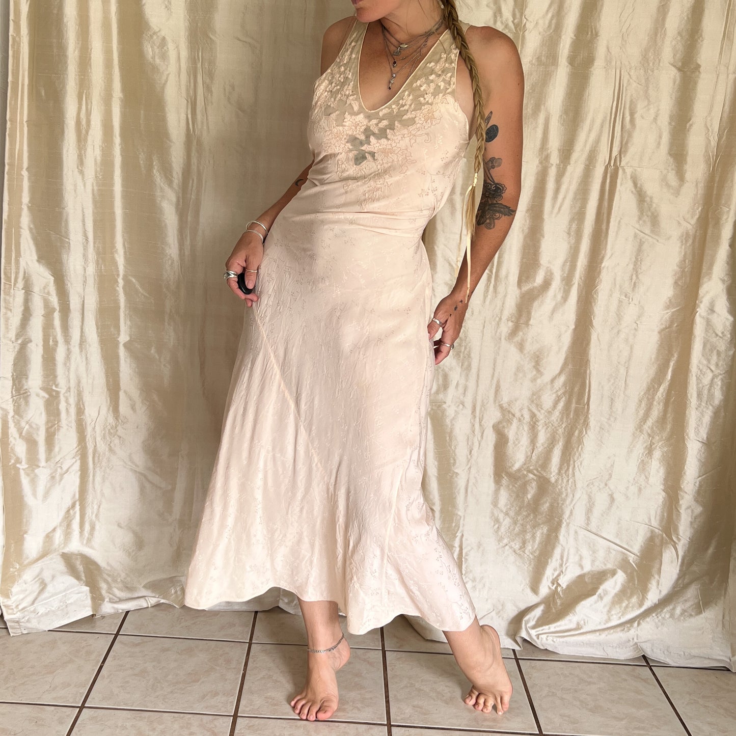 1930s Vintage 100% silk slip dress with embroidered mesh lace bust