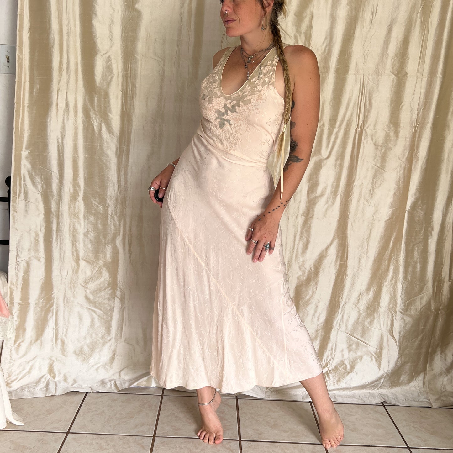 1930s Vintage 100% silk slip dress with embroidered mesh lace bust