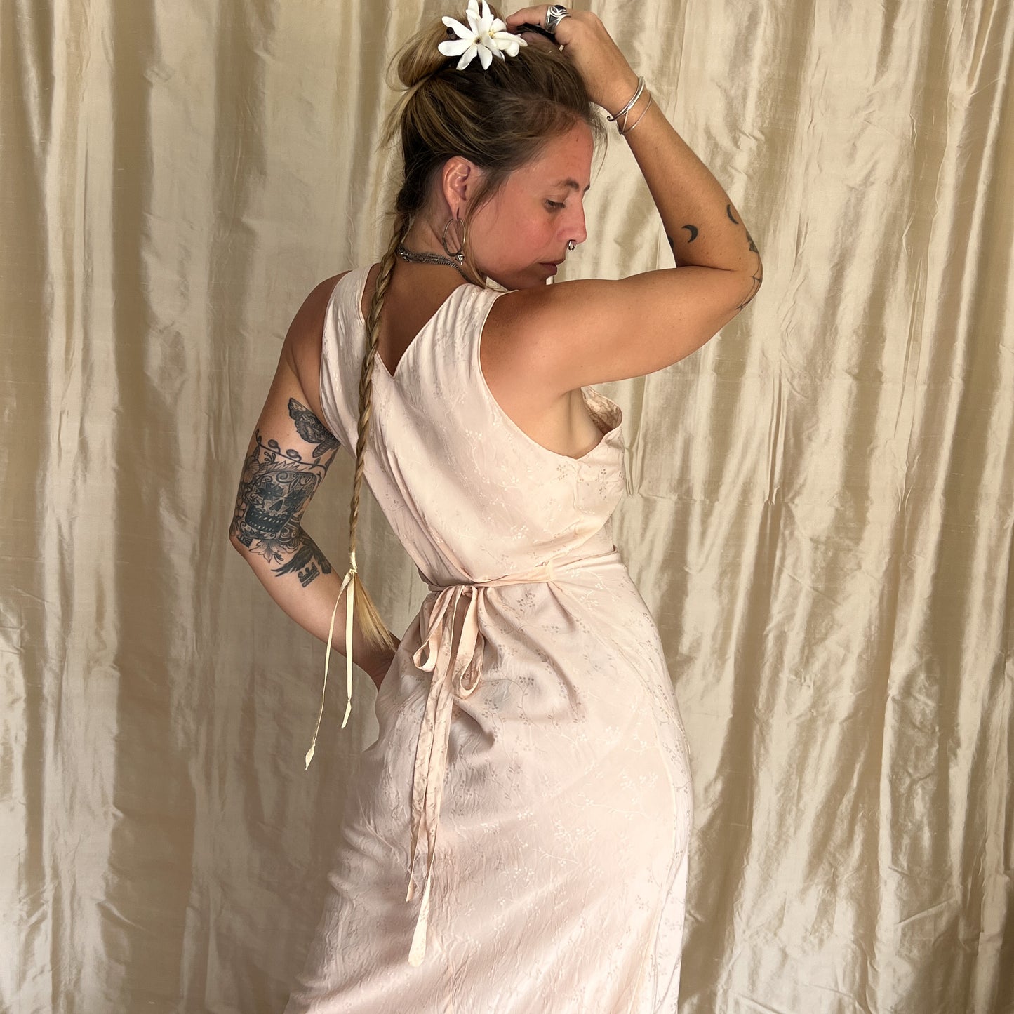 1930s Vintage 100% silk slip dress with embroidered mesh lace bust