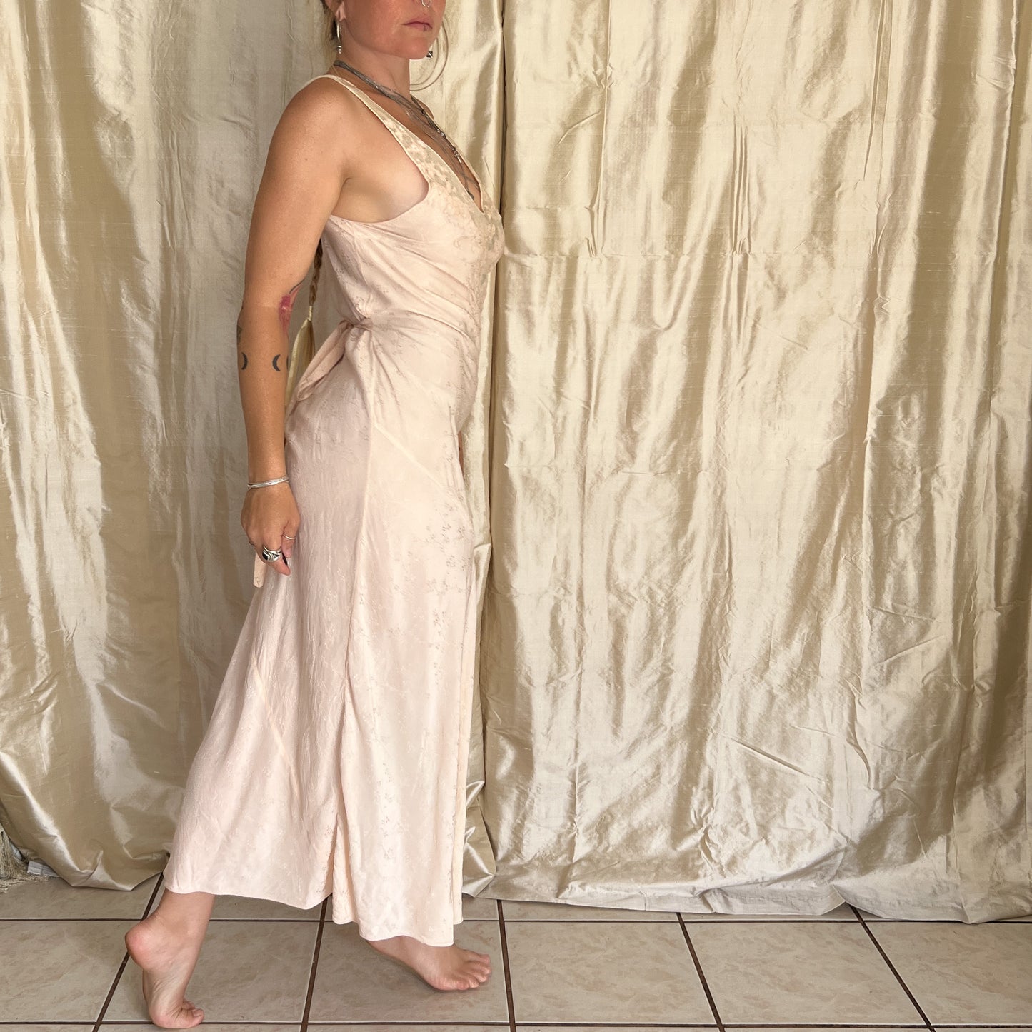 1930s Vintage 100% silk slip dress with embroidered mesh lace bust