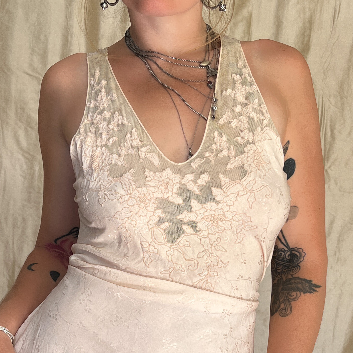 1930s Vintage 100% silk slip dress with embroidered mesh lace bust