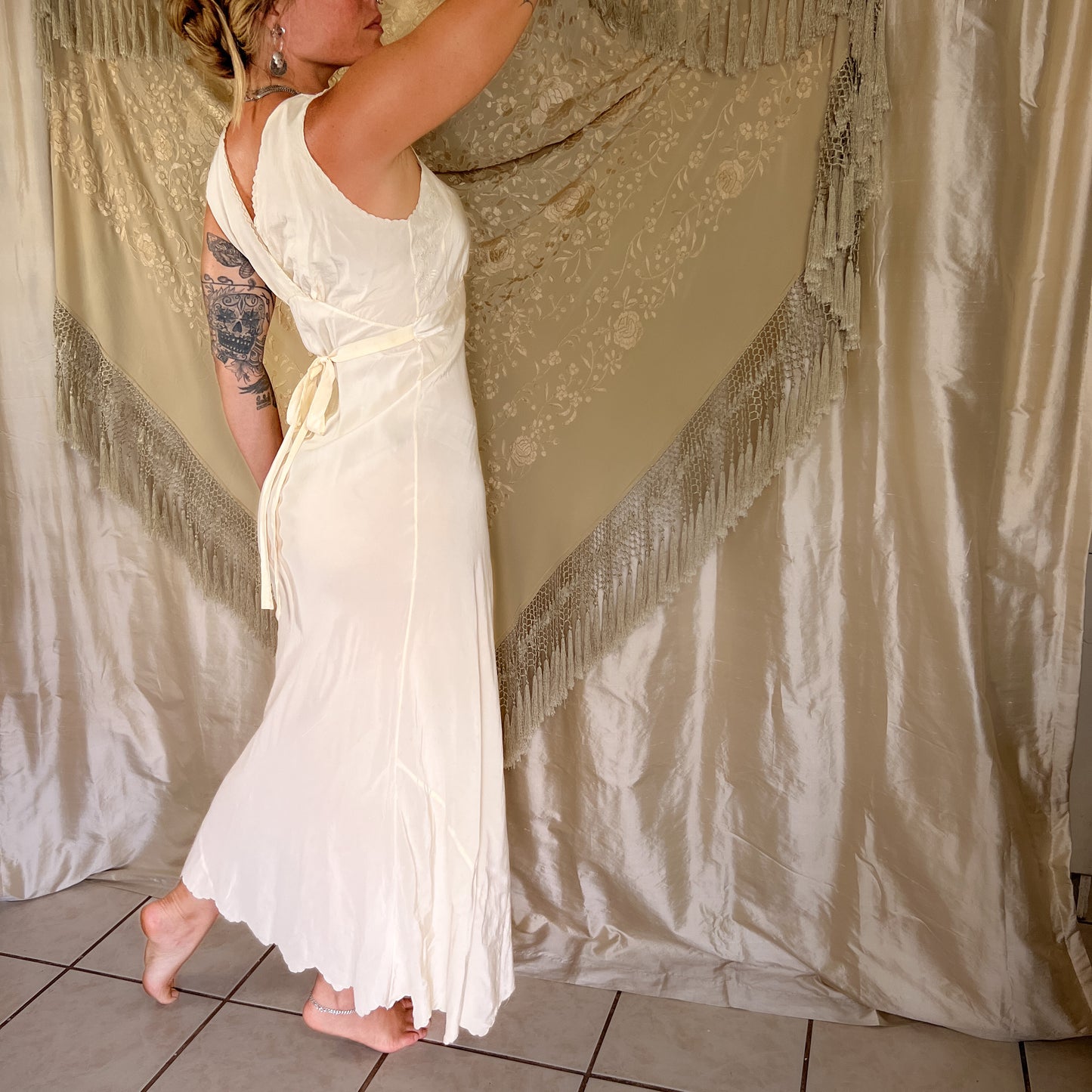 SOLD1930s Vintage silk maxi slip dress in butter cream yellow