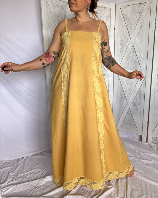 Vintage lace maxi prairie dress is mustard yellow