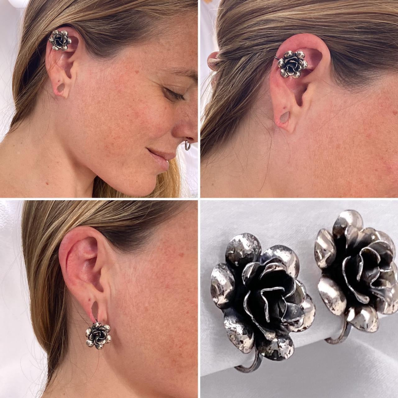 antique Sterling silver flower clip on earrings