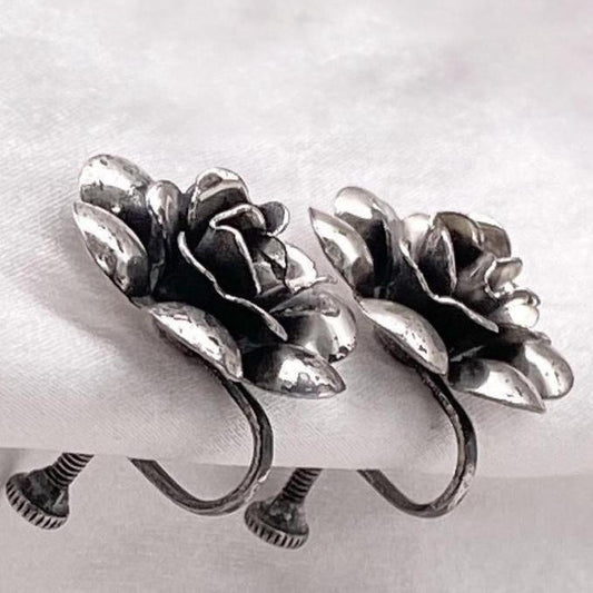 antique Sterling silver flower clip on earrings