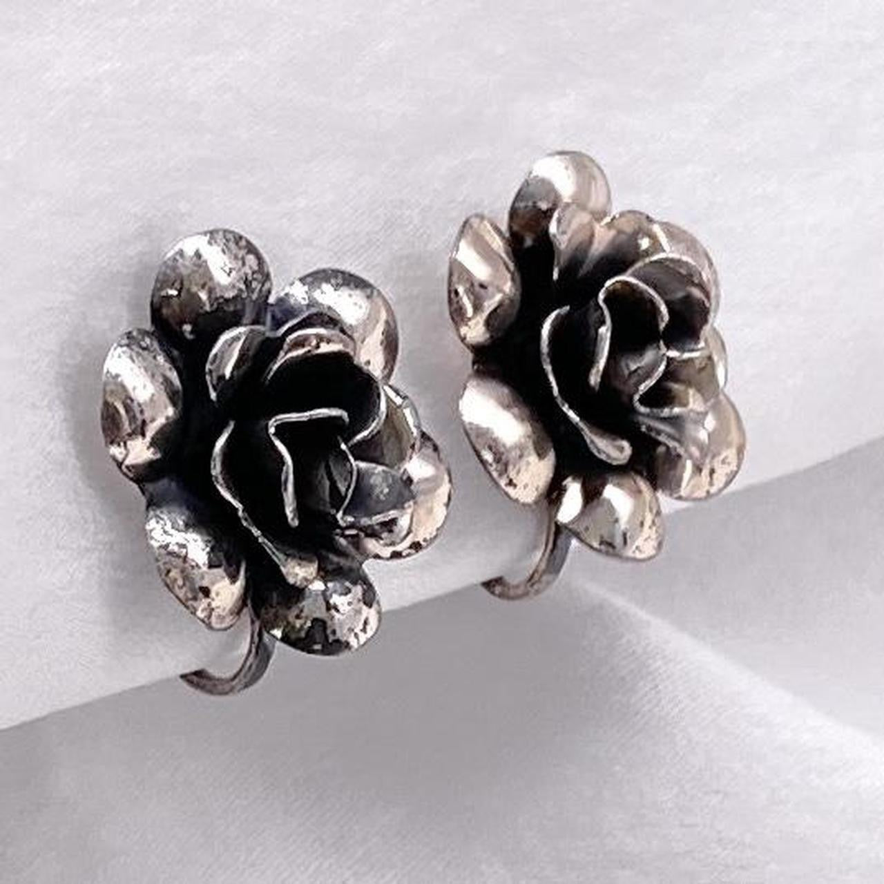 antique Sterling silver flower clip on earrings