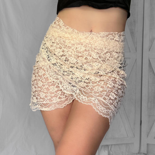 Vintage sheer floral lace mini wrap festival skirt in petal pink