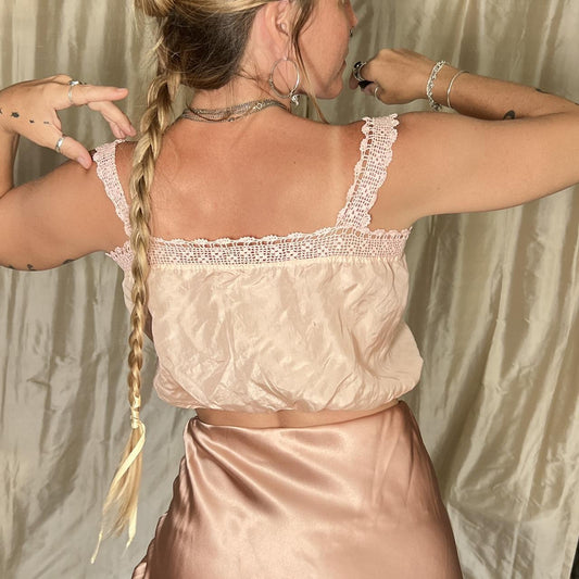 antique victorian / edwardian silk corset cover with crochet lace in blush pink