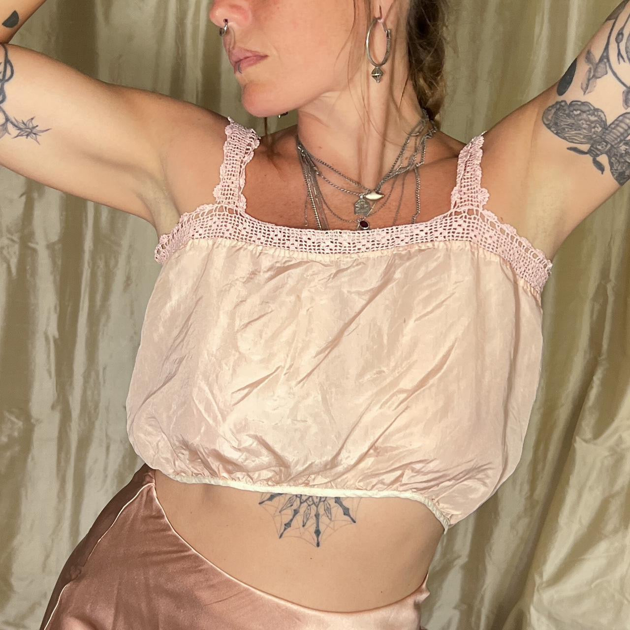 antique victorian / edwardian silk corset cover with crochet lace in blush pink