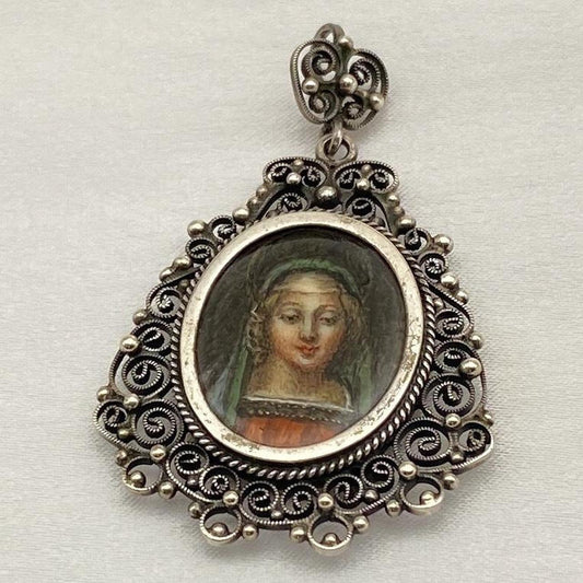 Antique victorian filigree virgin Mary pendant