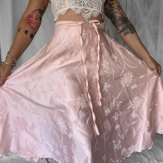 Vintage floral jacquard wrap prairie midi skirt in guava