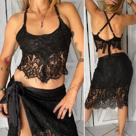 SOLDVintage handmade 100% silk and lace wrap skirt / cropped top two piece set in jet