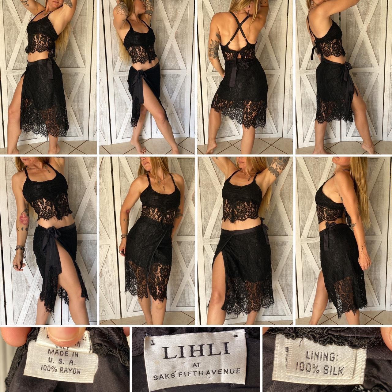 SOLDVintage handmade 100% silk and lace wrap skirt / cropped top two piece set in jet