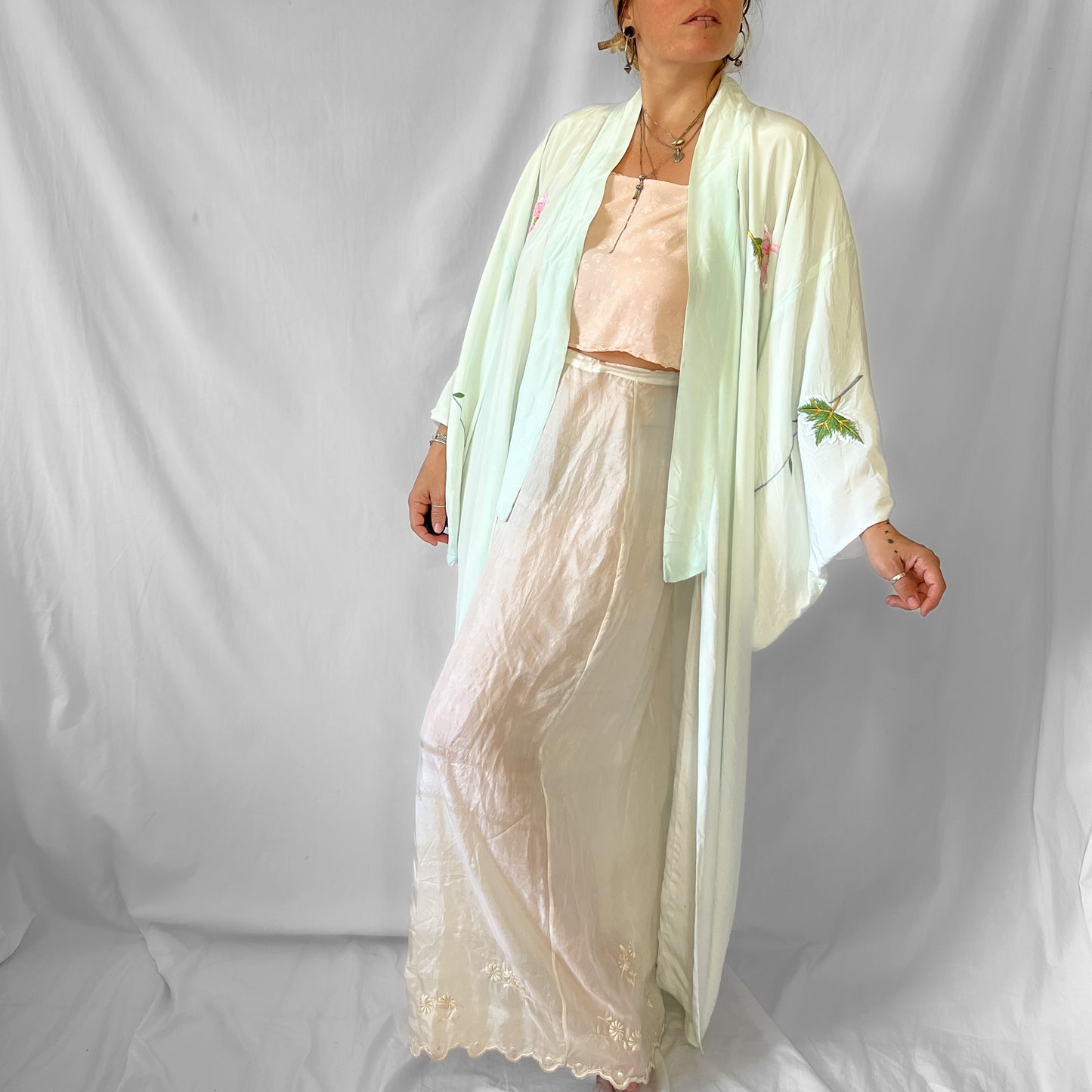 Vintage 1970s embroidered satin kimono in seafoam