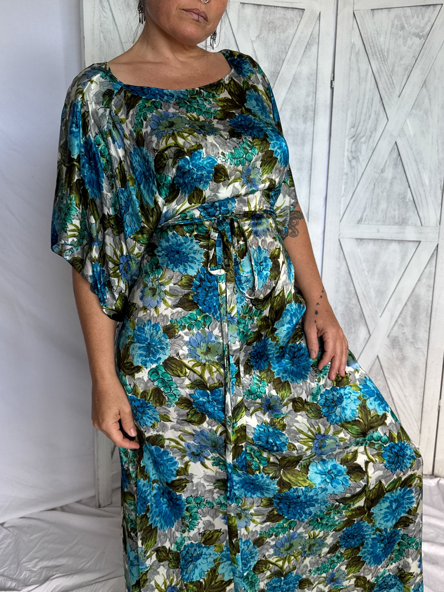 Floral satin maxi dress in 1960s turquoise, olive green and grey
